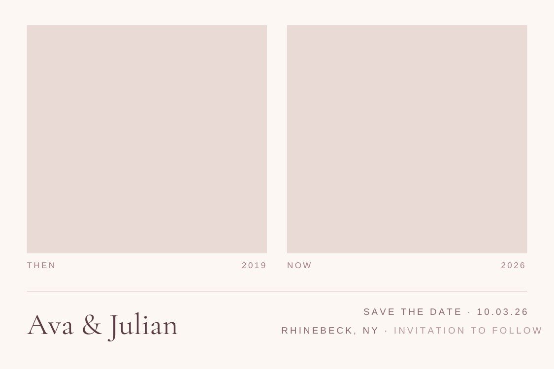 Then & Now — whimsical neutral save the date template, editable in Canva