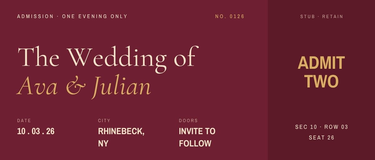 Ticket Stub — retro burgundy save the date template, editable in Canva