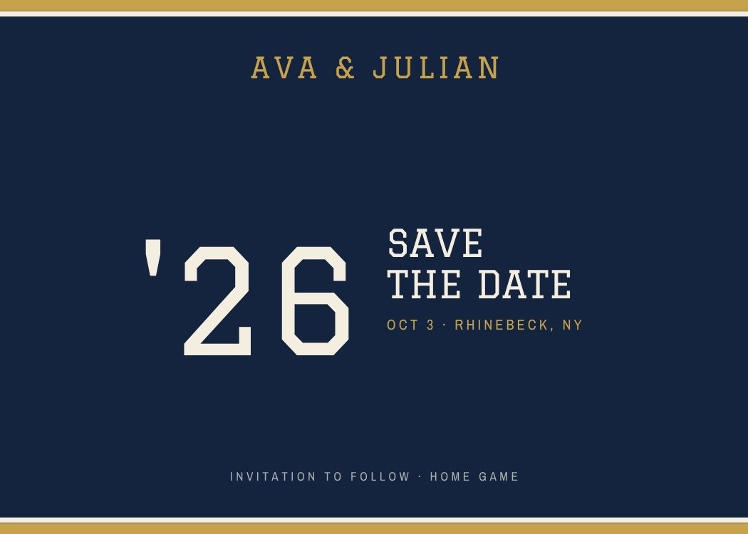 Varsity — retro navy save the date template, editable in Canva