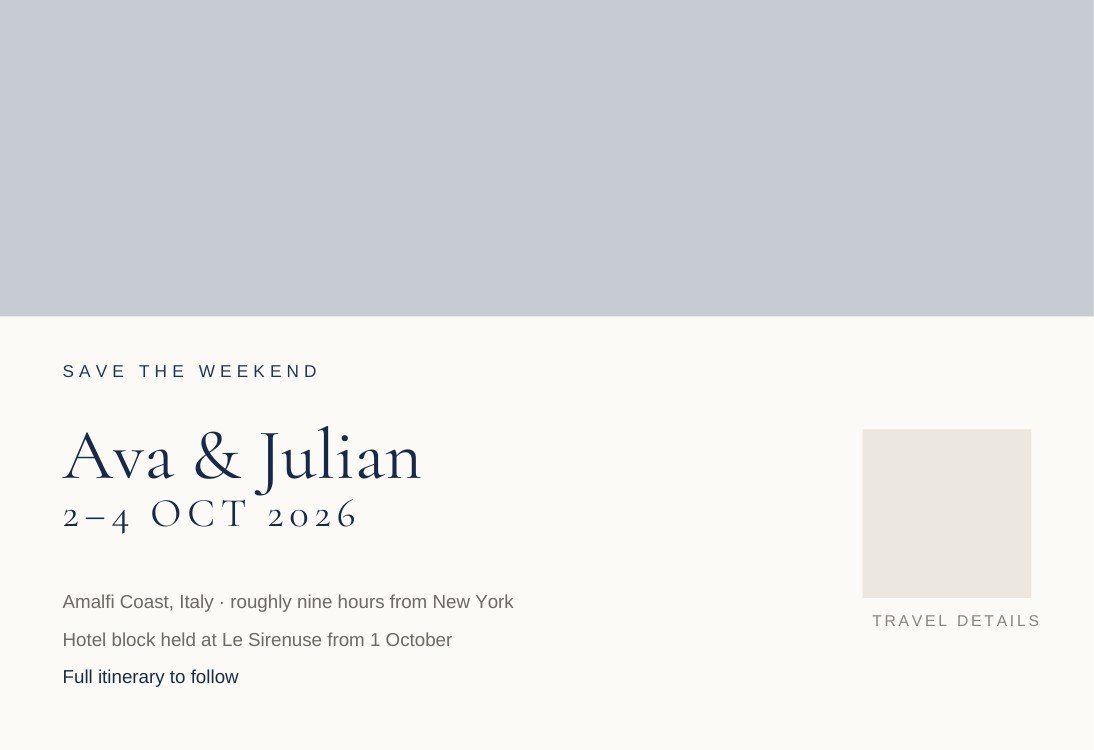 Weekend Teaser — elegant dusty blue save the date template, editable in Canva