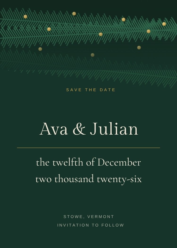 Winter Evergreen — classic emerald green save the date template, editable in Canva