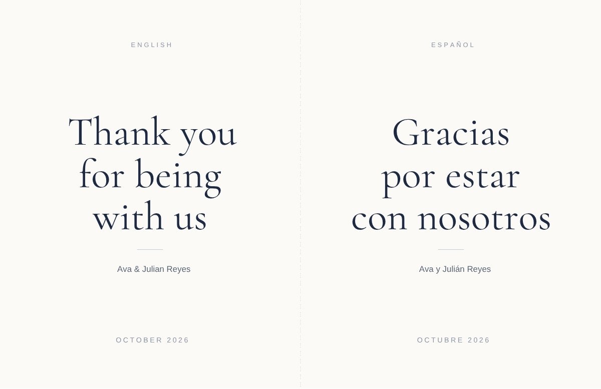 Bilingual — classic neutral wedding thank you card template, editable in Canva
