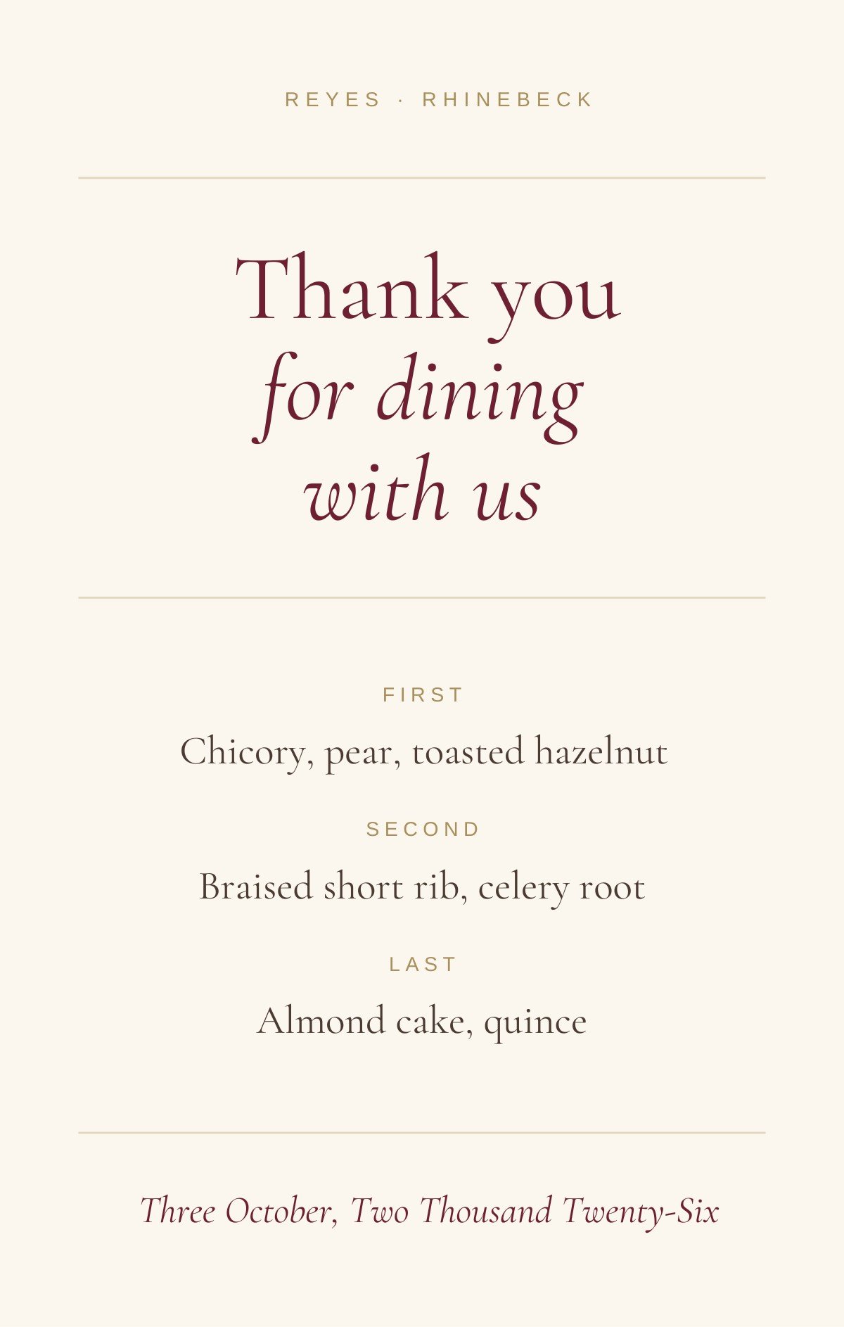 Menu Reprise — classic burgundy wedding thank you card template, editable in Canva
