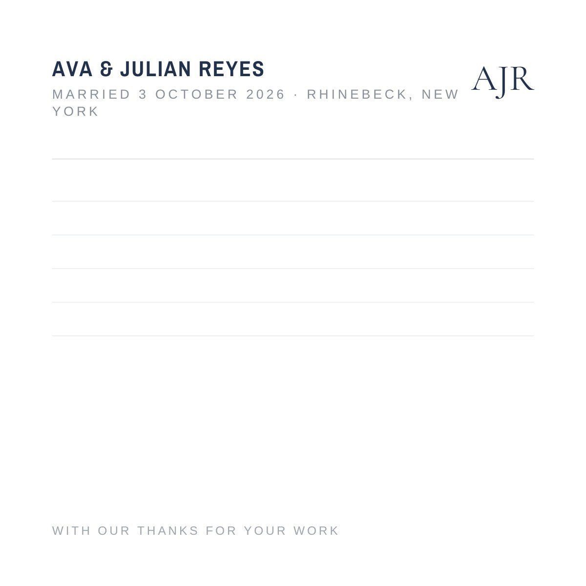 Vendor Card — modern navy wedding thank you card template, editable in Canva