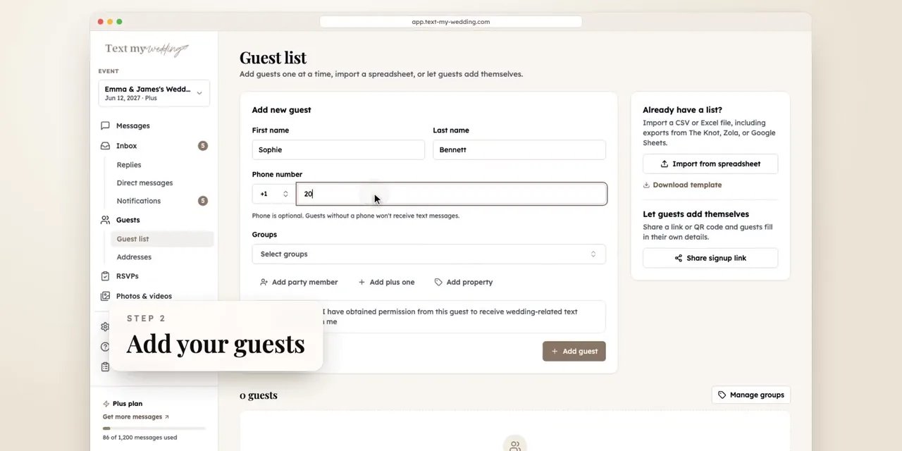 Adding a guest with a name and phone number to the guest list