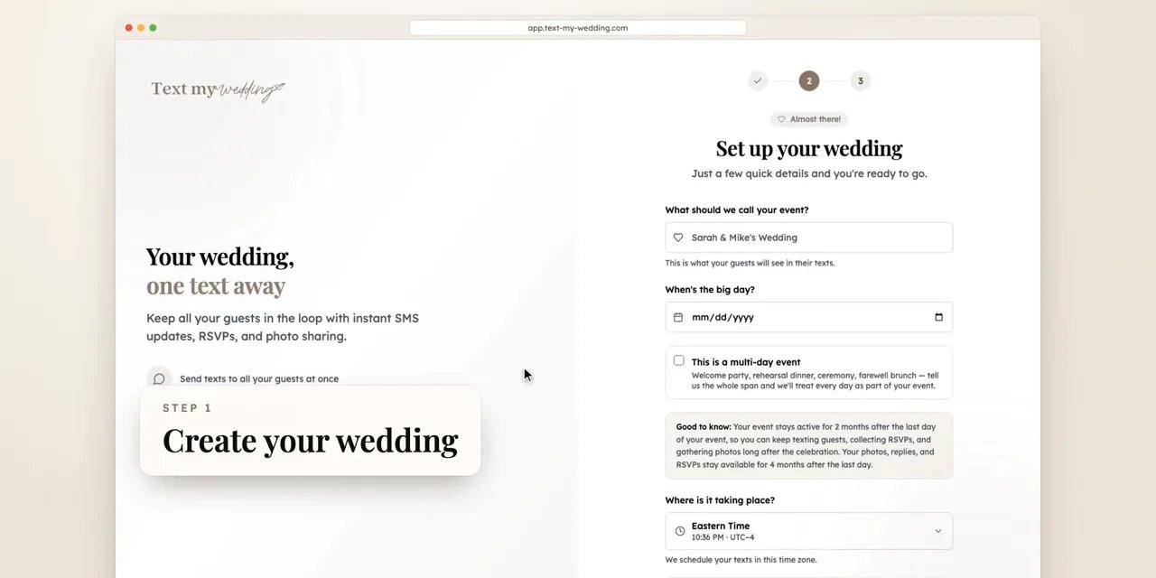 Setting up a new wedding with names, date, and time zone