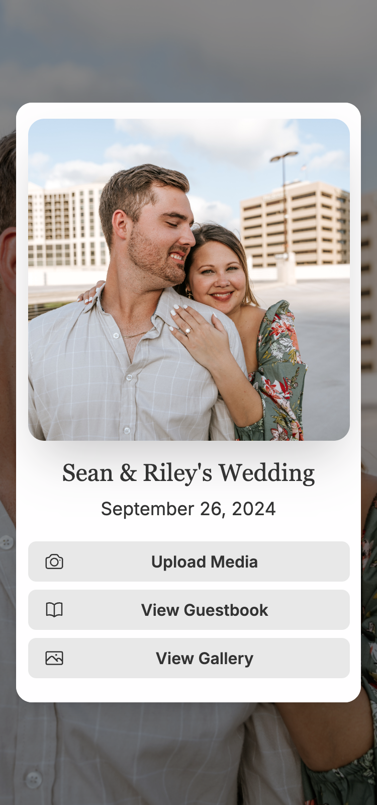 Replay My Day wedding photo collection interface showing Sean and Riley's wedding with upload media, view guest book, and view gallery buttons
