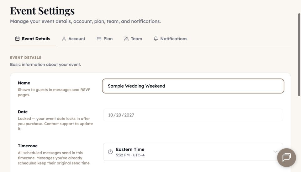 The current Event Settings page with Event Details, Account, Plan, Team, and Notifications tabs