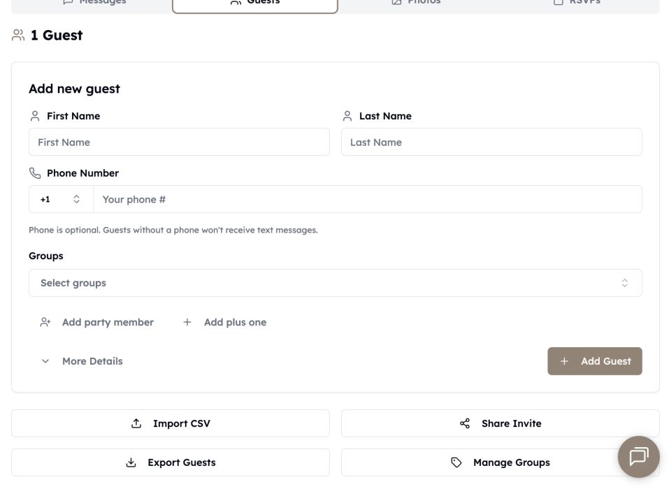 The current guest form with optional phone numbers and controls for party members and plus-ones