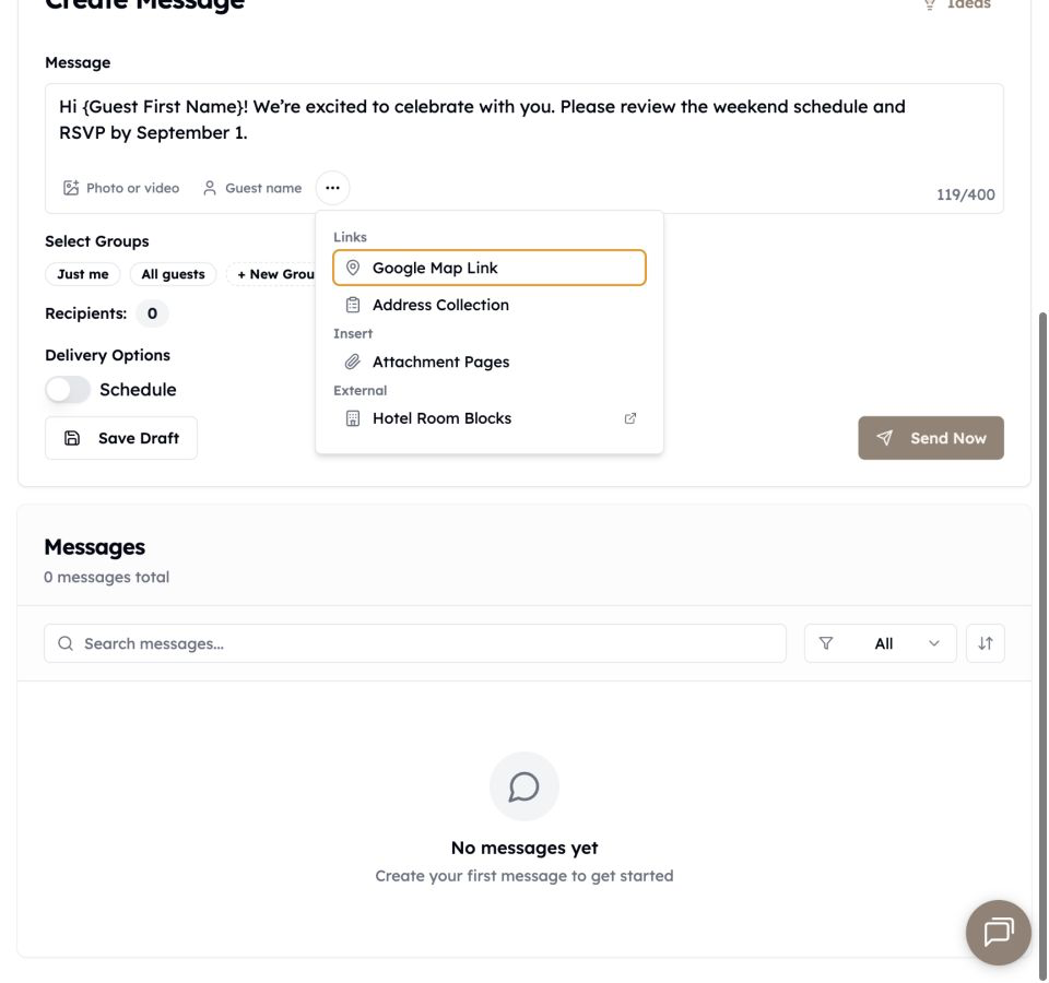 The current message composer with photo, guest-name, map, address-collection, and Attachment Page tools
