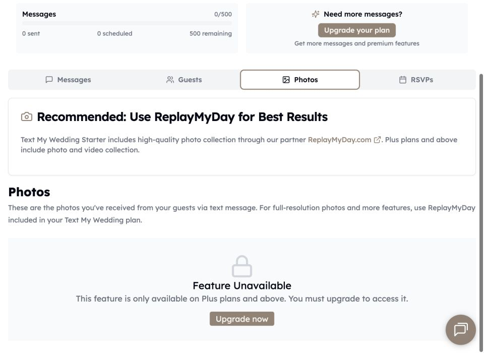 The current Photos tab explaining Starter ReplayMyDay access and the Plus-plan texted-photo feed
