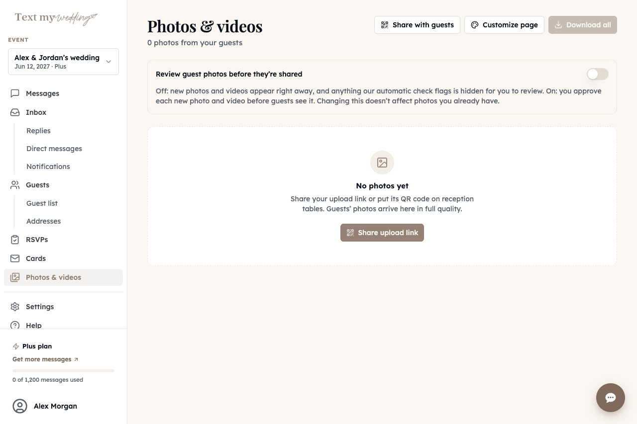 Text My Wedding Photos & videos page with a Share upload link button and a setting to review guest photos before they're shared