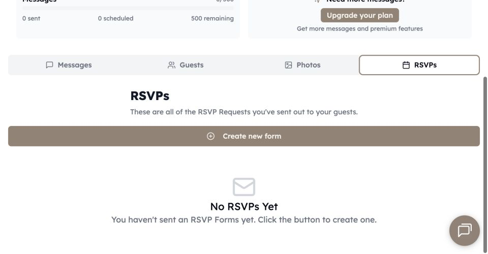 The current RSVP tab with the Create new form action and response-list area
