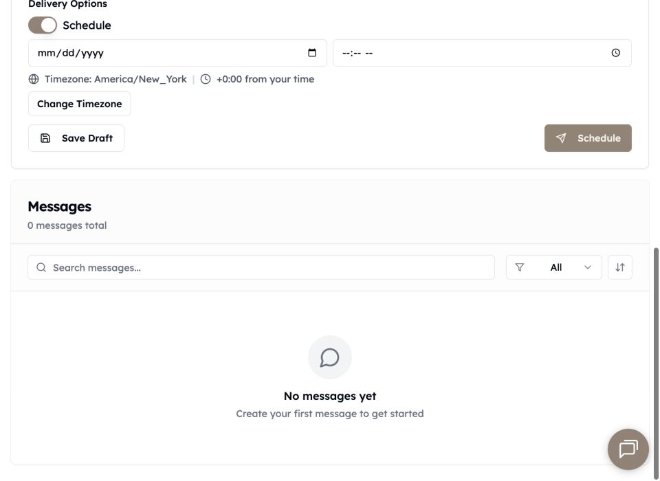 The current scheduling controls showing date, time, and the event timezone