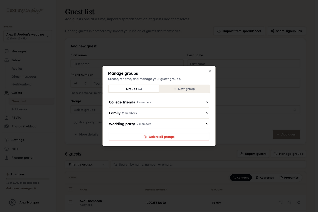 Manage groups dialog listing College friends, Family and Wedding party