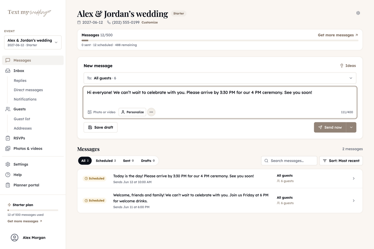 Writing a wedding invitation text to a guest group in Text My Wedding