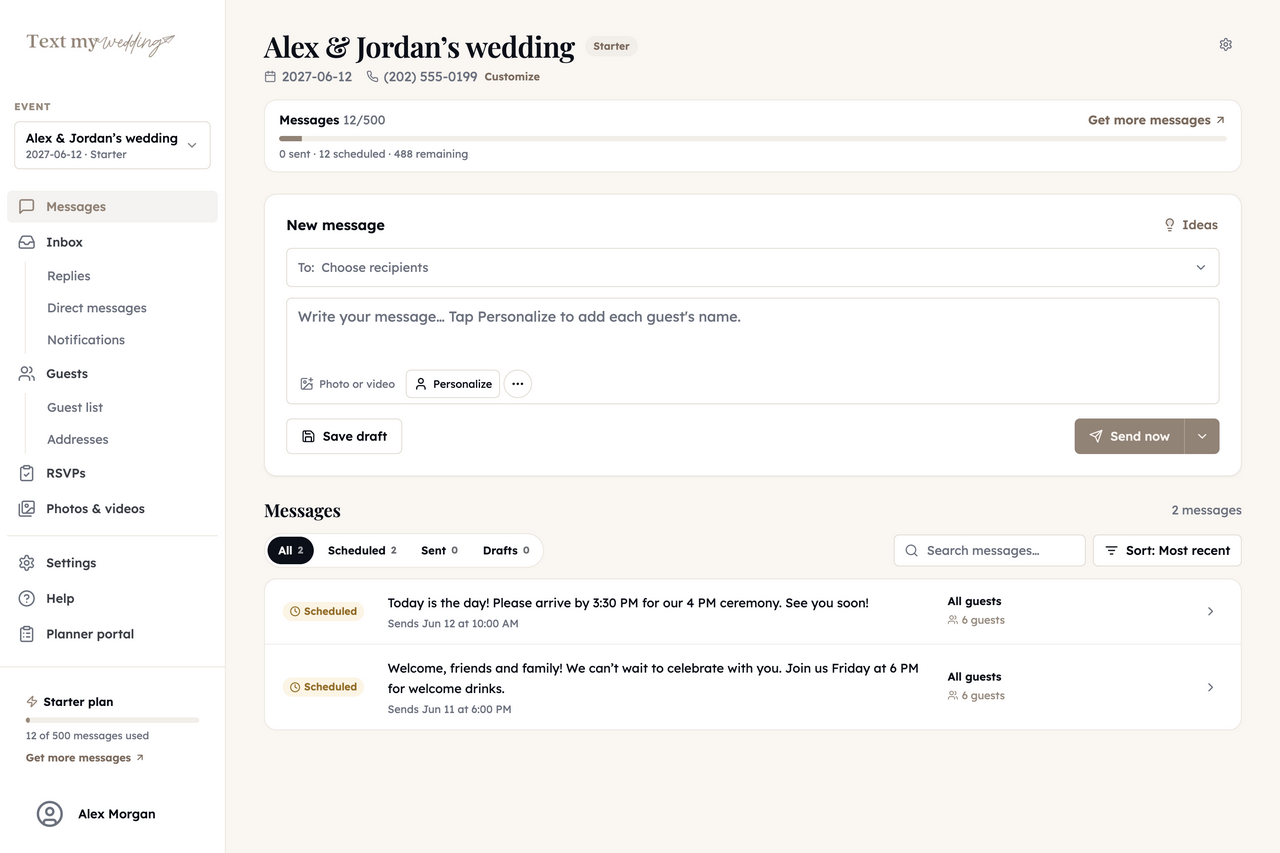 Text My Wedding message list showing a scheduled welcome text and day-of arrival reminder for all guests