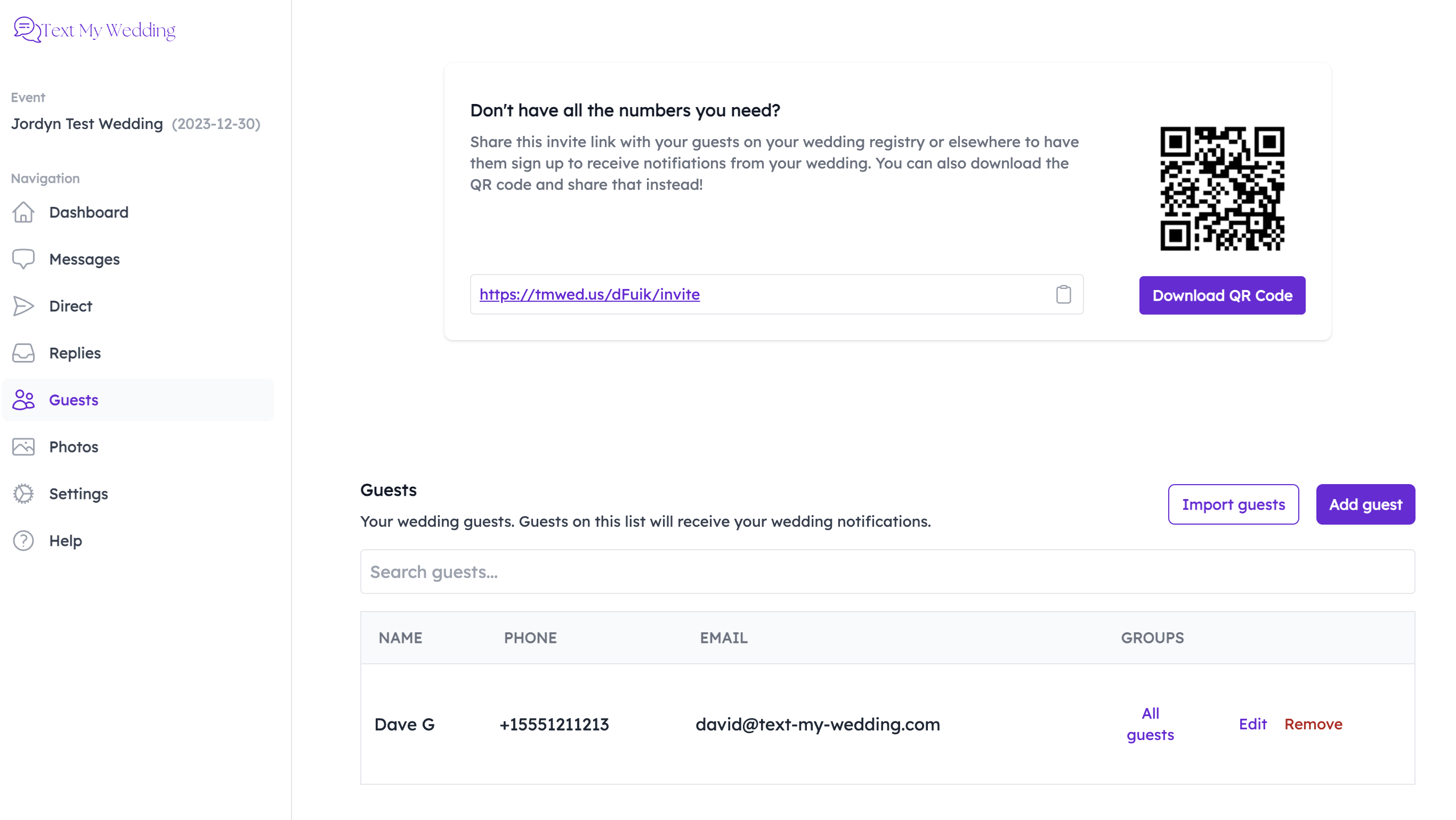 Guest list in Text My Wedding with a shareable invite link and QR code