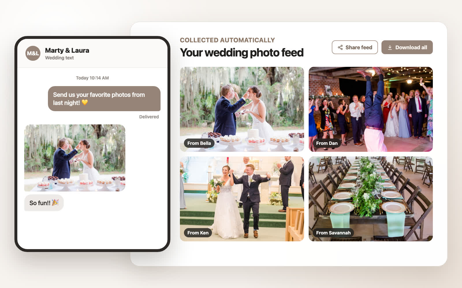 Illustration of a guest texting a wedding photo that appears in the couple's shared feed