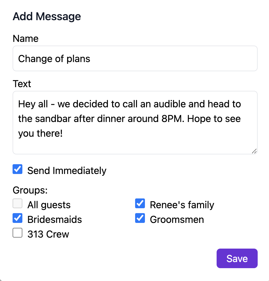 Message composer with text, send-immediately option and guest group checkboxes