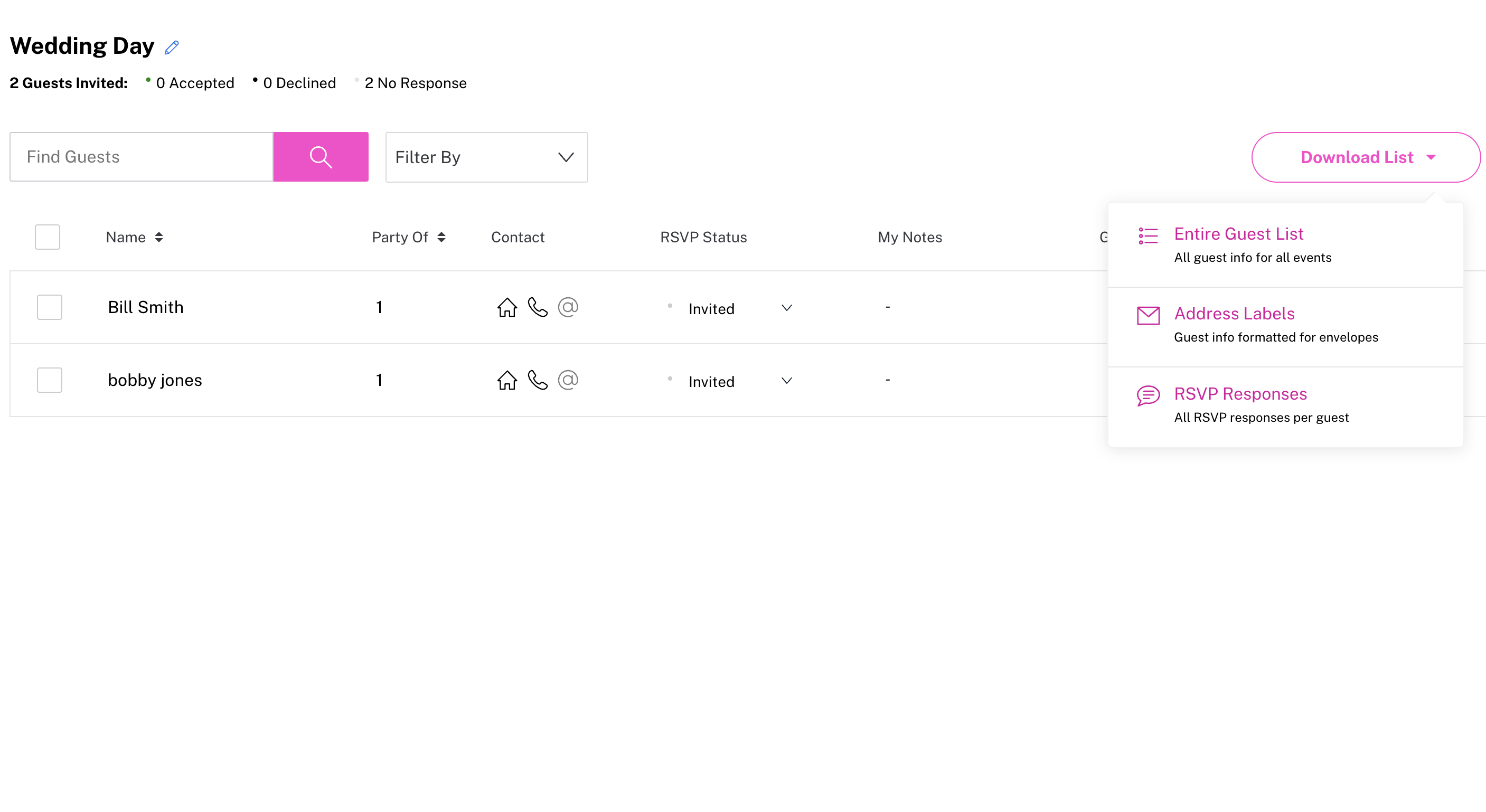 The Knot guest list with the Download List menu open on Entire Guest List