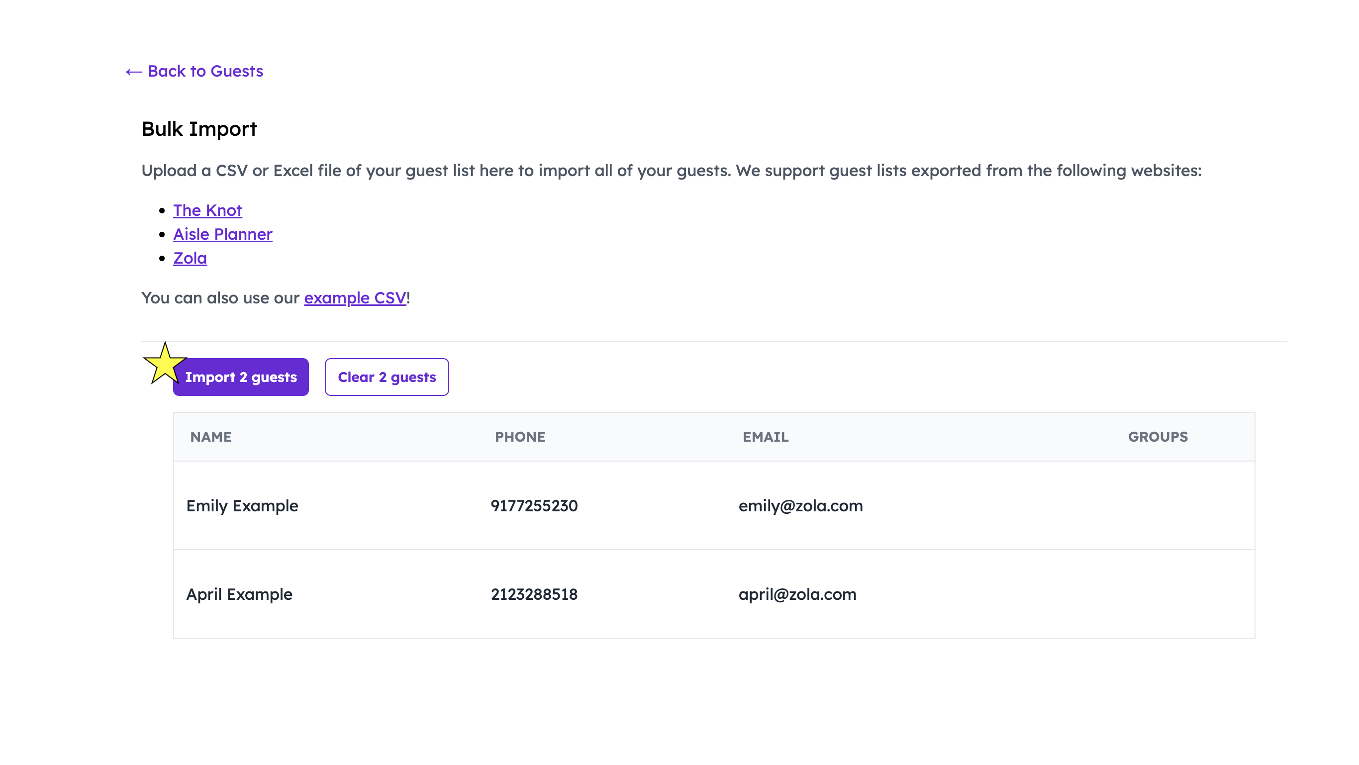 Import preview showing parsed guest names, phone numbers and emails before import